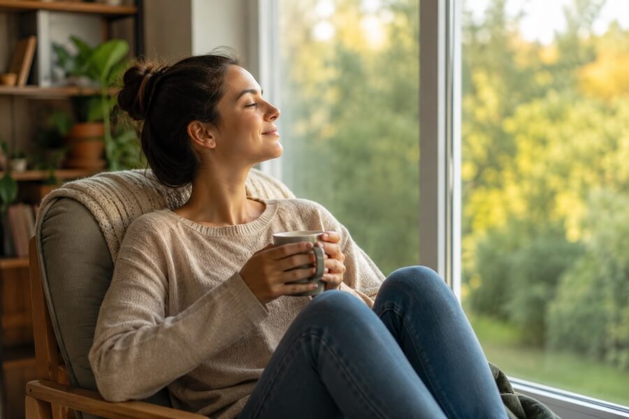 Entspannte Frau mit einer Tasse am Fenster – Stress abbauen und ruhig bleiben